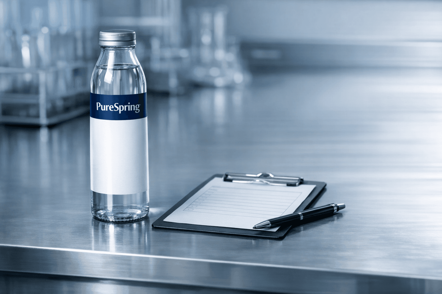 A PureSpring water bottle on a clinical lab bench